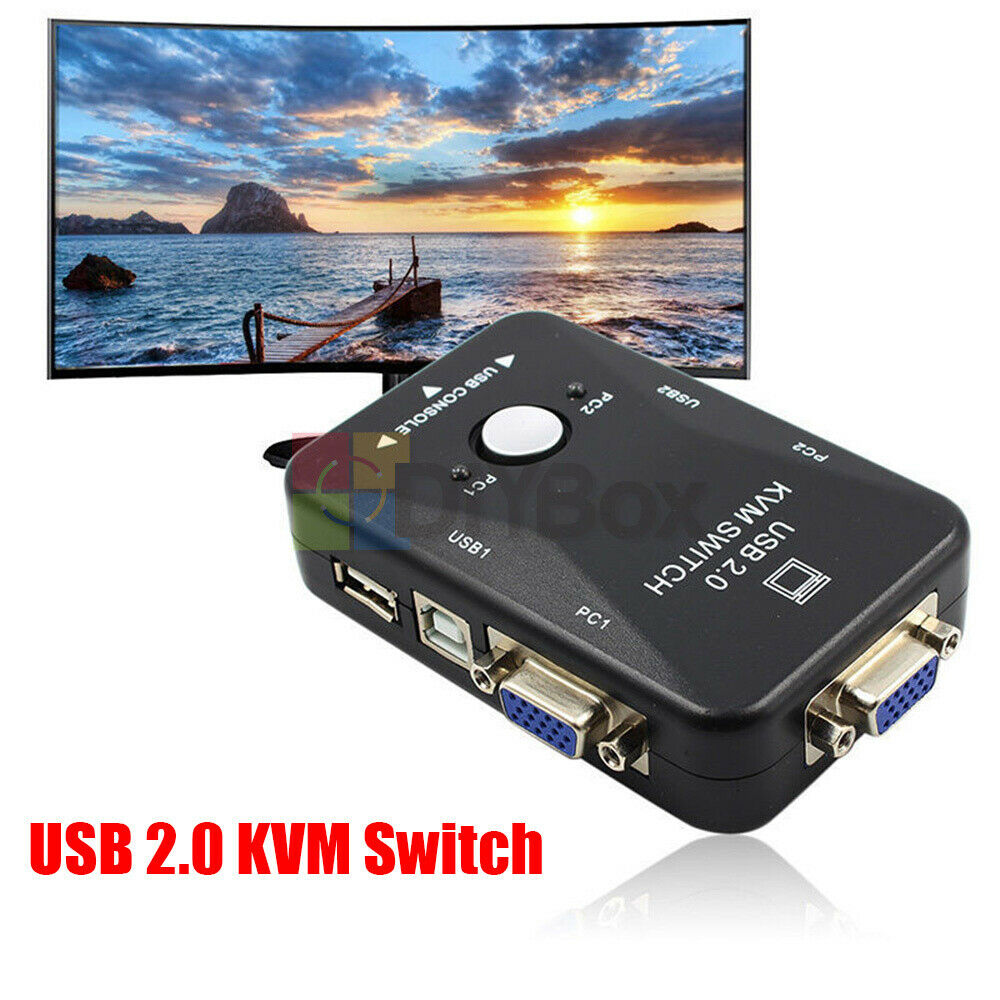 2 Port USB 2.0 VGA SVGA KVM Switch Box For Sharing Monitor Keyboard Mouse