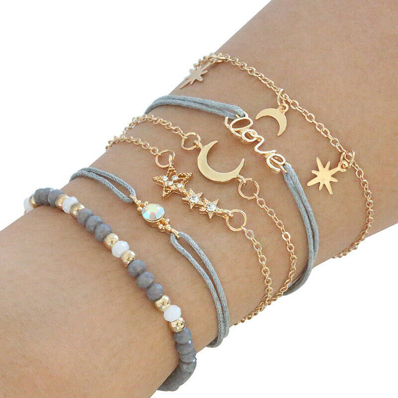 6pcs/set Bohemian Women Tassels Leaves Circular Chains Bangle Jewel.l8