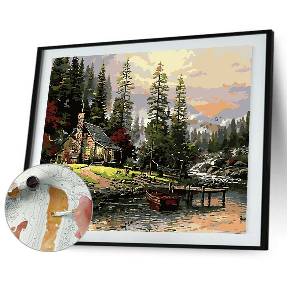 DIY Digital Oil Painting By Numbers Riverside Hut Canvas Acrylic Wall Art  @