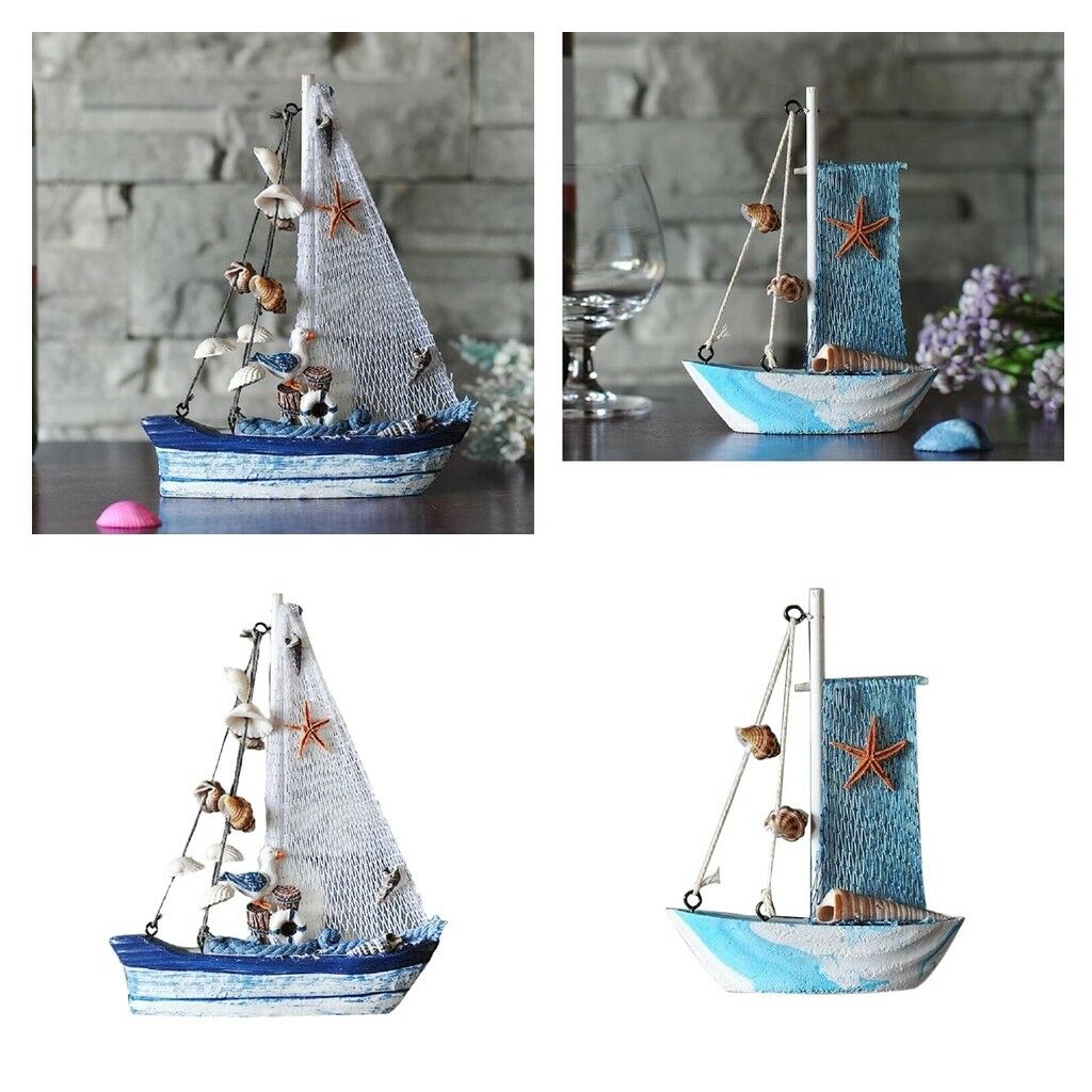 2-set Handcraft Nautical Wooden Sailing Boat Ornament Desktop Photo Props G
