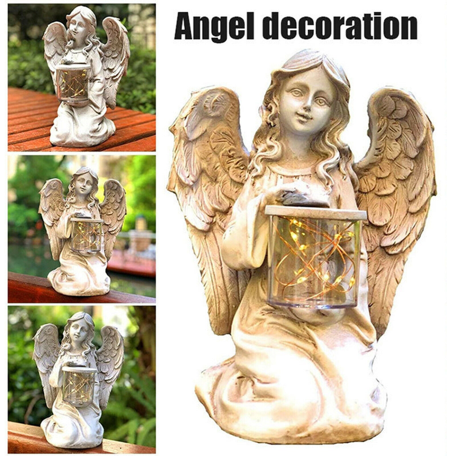 Kneeling Angel Girl Statue Home Decor Wings Angel with LED Light Sculpture