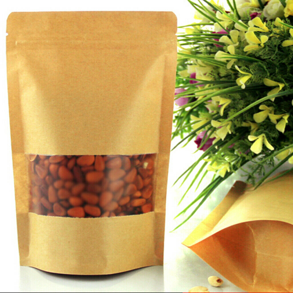 100x Kraft Paper Bag Stand Up Pouch Food   Packaging W/ Window 14x20