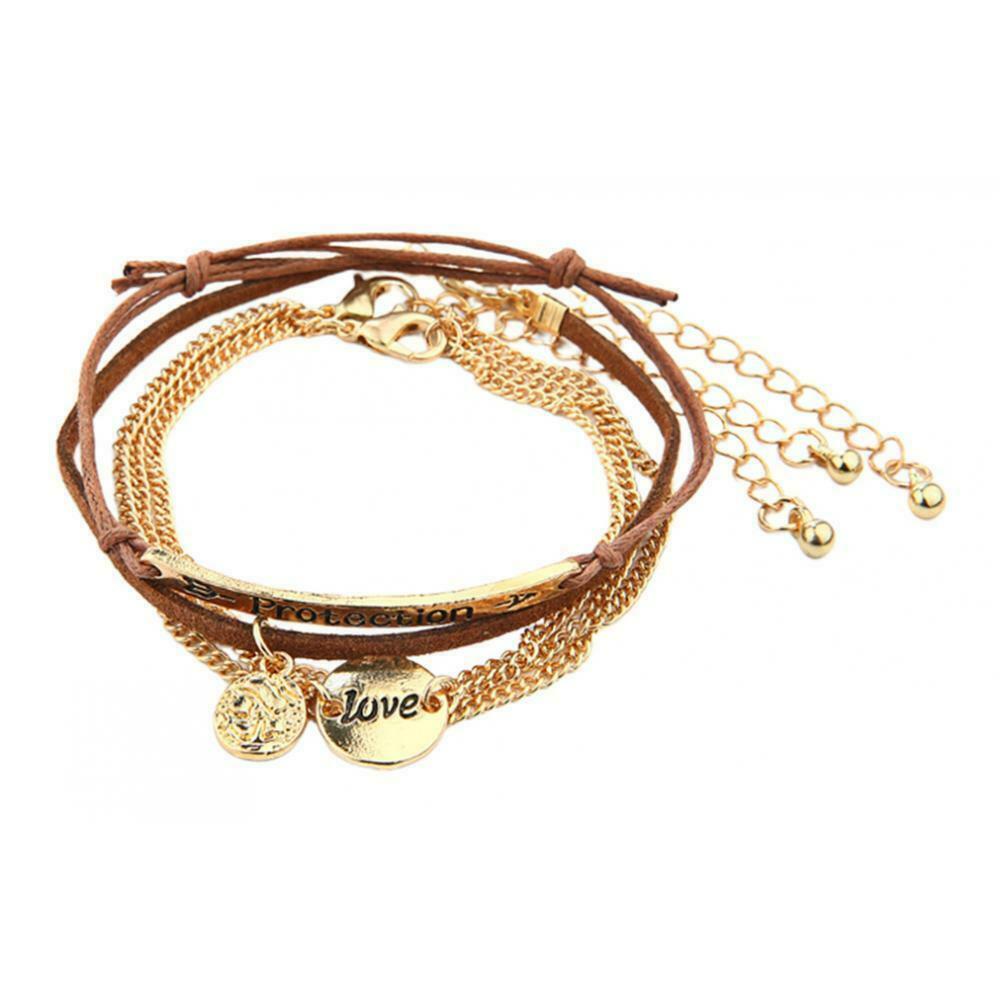 Womens Love Letter Multilayer Chains Metal Coins Bracelet Leather Rope 18cm