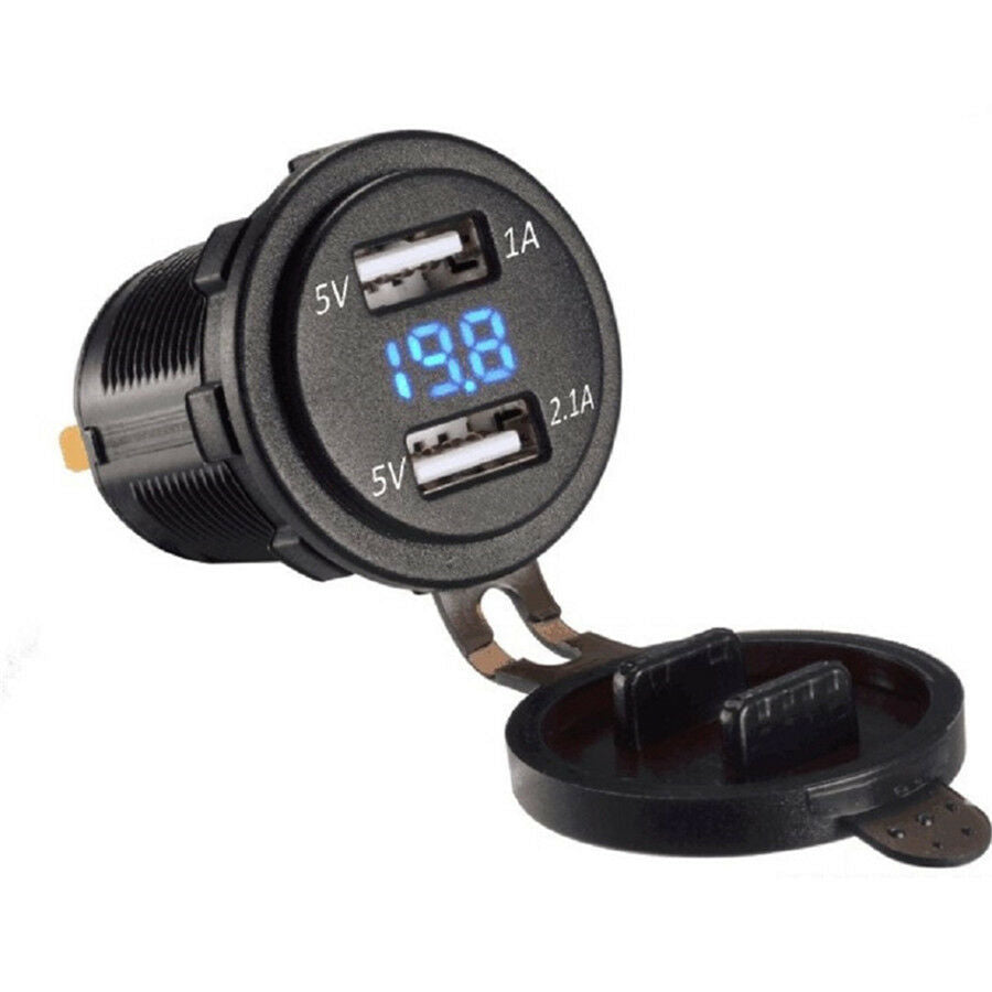 12V Blue LED Car Motorcycle Dual USB Charger Socket & Digital Voltage Voltmeter