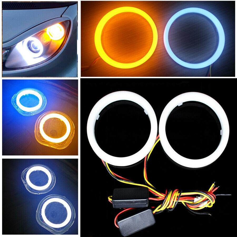 2Pcs Car White Amber 60MM LED Angel Eyes Halo Rings Headlight DRL Light Retrofit