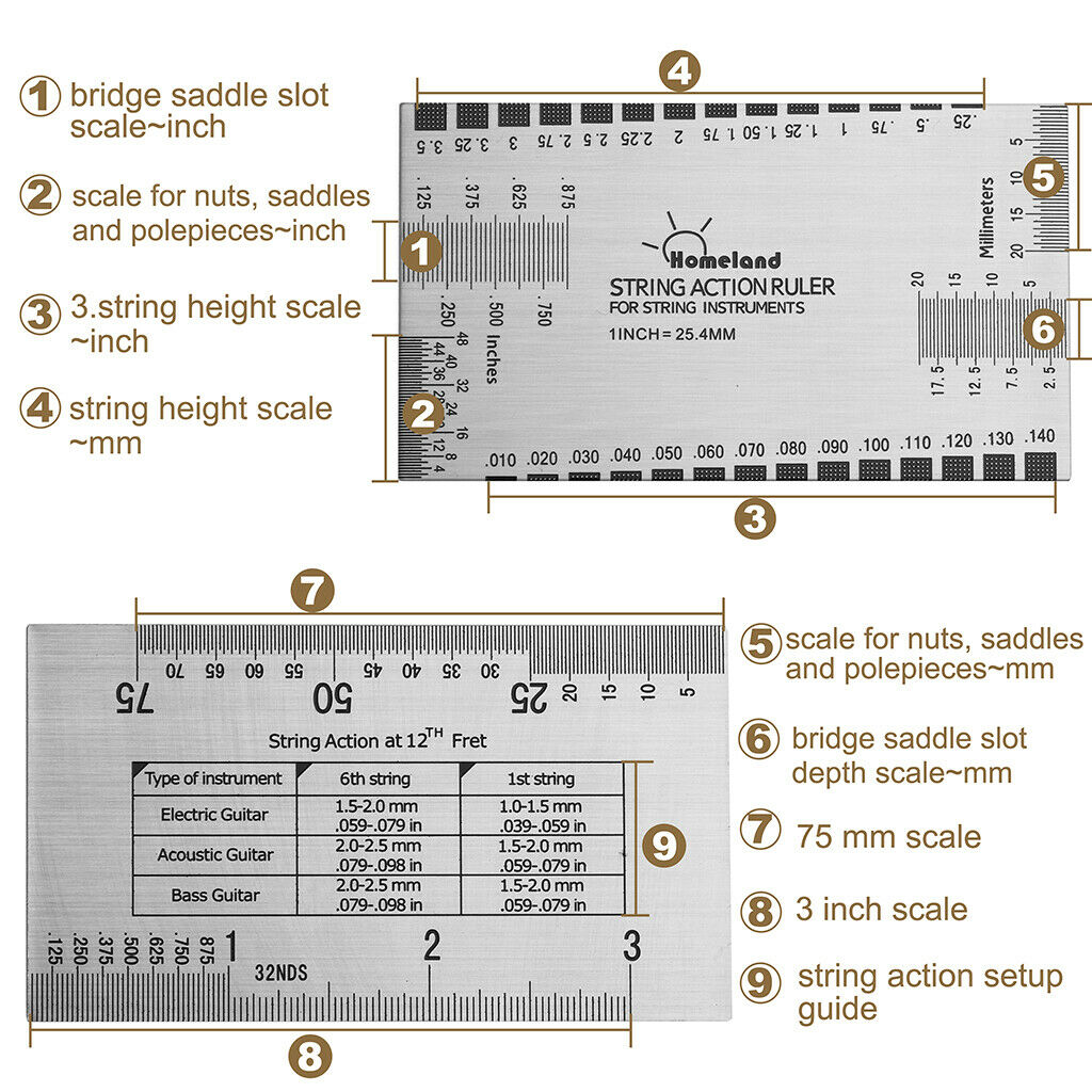 Electirc Guitar Stainless Steel CNC String Neck Ruler Measure Tool Kit
