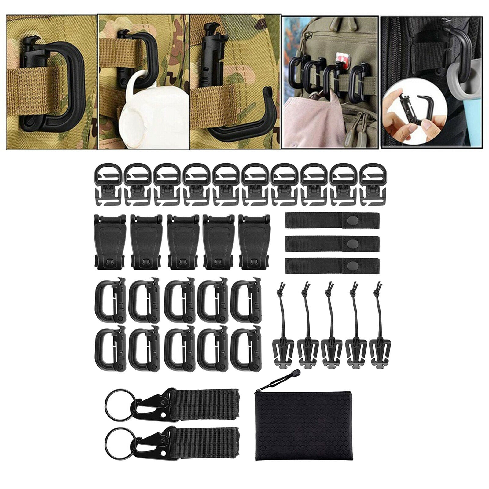 Kit of 35 Molle Attachments for Webbing Key Ring 360 Rotation Gear Clip