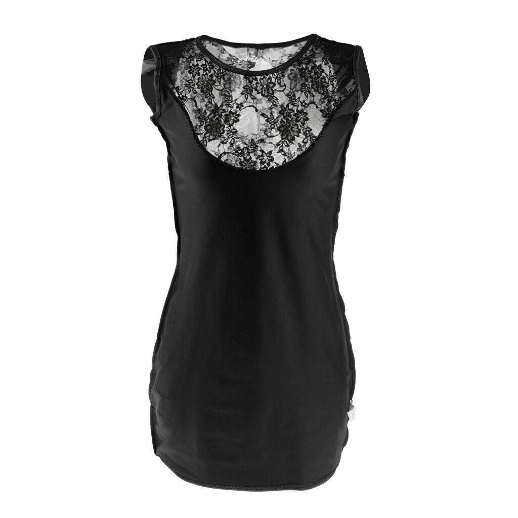 Women Bodycon Sexy Lace Club-wear PU Leather Stitching Dress S Black