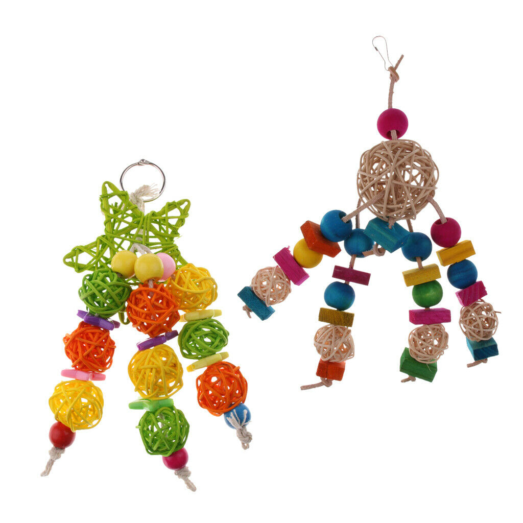 2 x Hanging Parrot Chewing Toys with A Bell - Multicolored Wooden Blocks Tearing