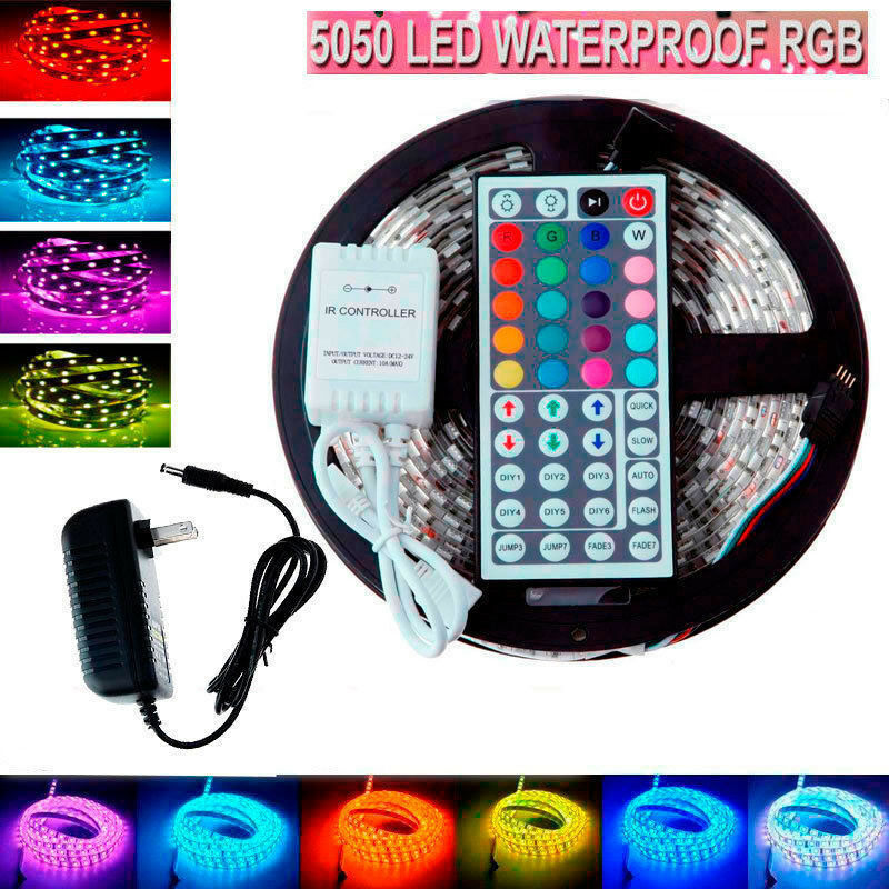 5M SMD RGB 5050 Waterproof LED Strip light +44key remote+12v power supply