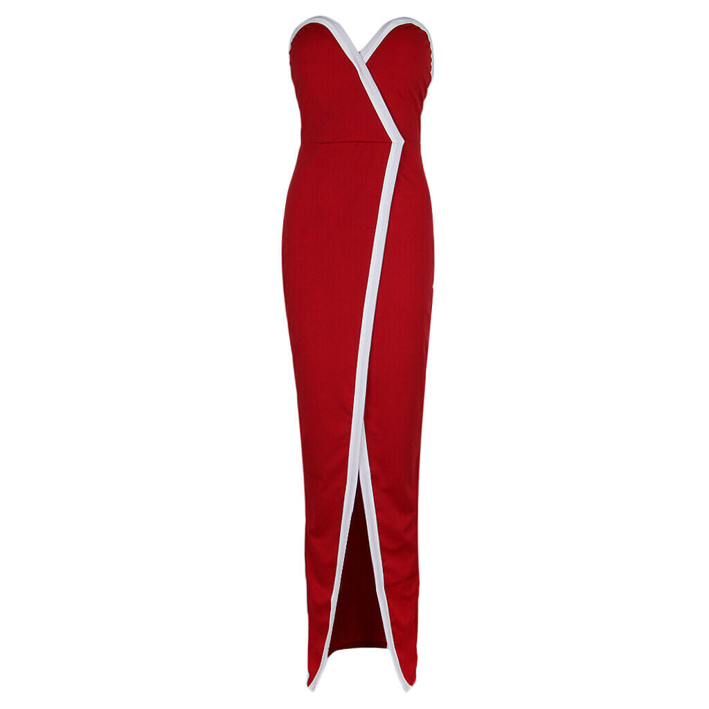 Women Off Shoulder Front Split Stripe Bodycon Clubwear Party Dress S Red