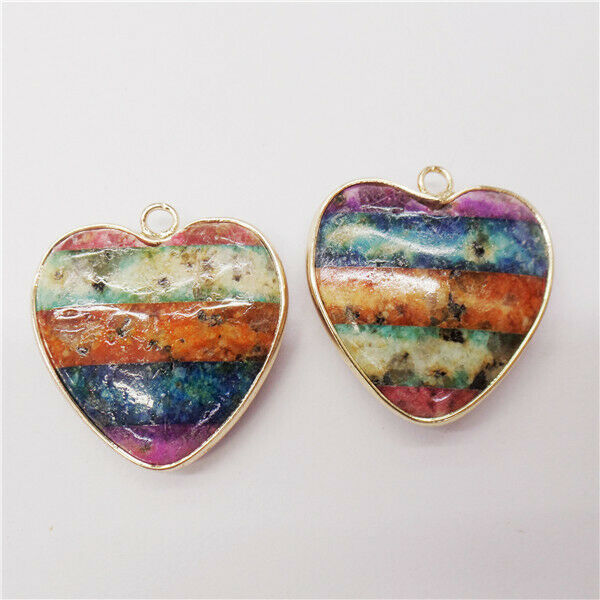 4Pcs Golden Wrapped Rainbow Sea Sediment Jasper Love Heart Pendant Bead HH8981