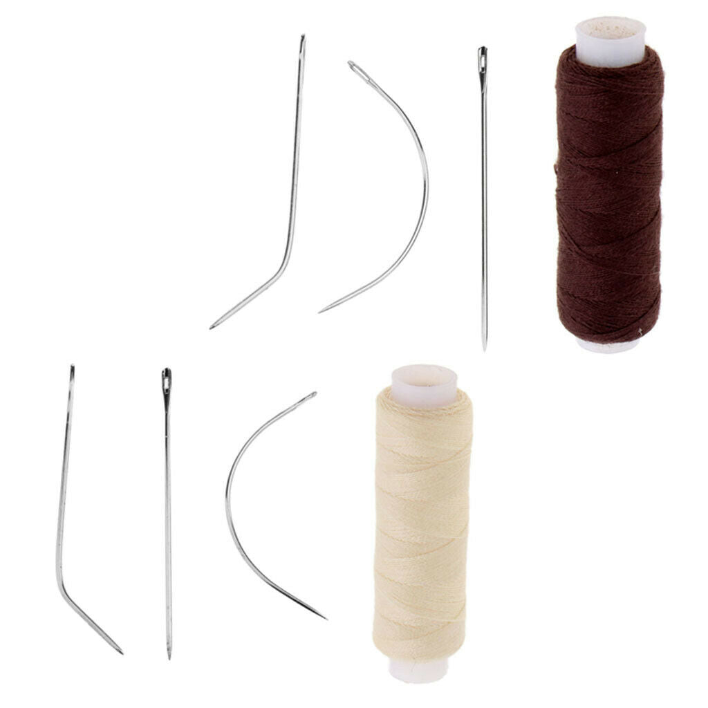 2x Polyester Weaving Sewing Thread & 6pcs Needles for Making Wig Beading