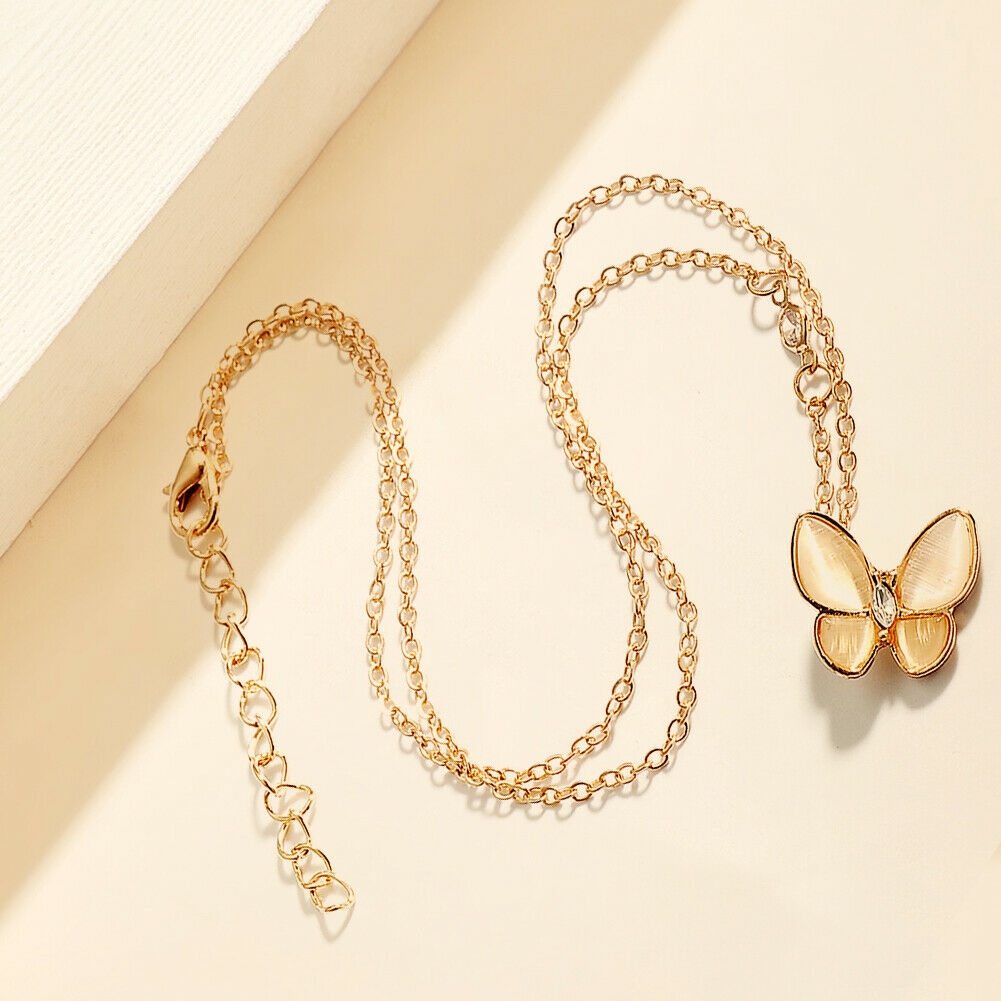 Korean Opal Necklace Butterfly Charm Elegant Women Clavicle Chain Jewelry @