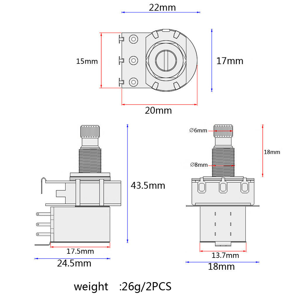 Mini Pot A1M B1M Split Shaft 18mm Potentiometer for Electric Guitar Control