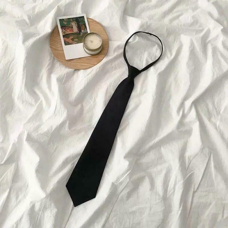 Unisex Solid Color Black Narror Pre-Tied Neck Tie with Adjustable Lazy Zipper