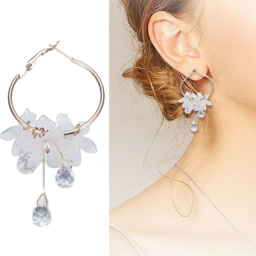 White Drop Earrings Crystal Tassel Dangle Acrylic Flower Women Jewelry Accessory