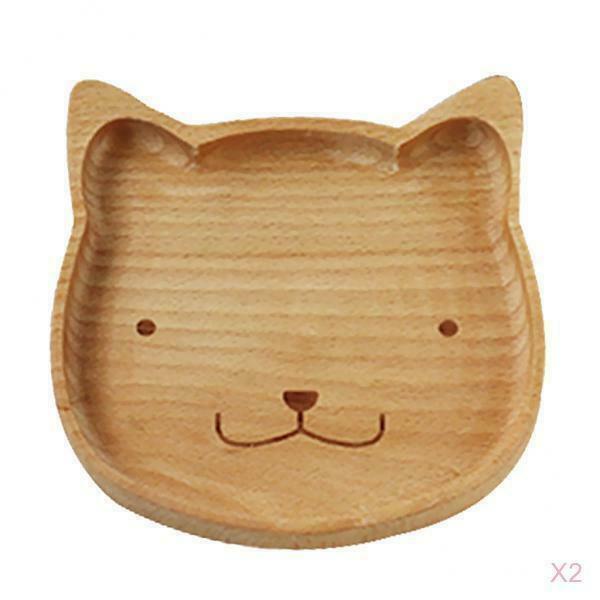 2 Pieces Natural Children's Wood Cat Plate Split Dishes Tray Serving Animals