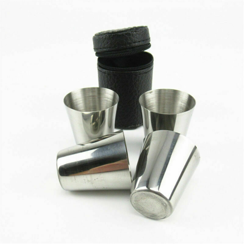 5Sets Camping / Travel Stainless Steel Shot Glass Set with PU Leather Case Cover