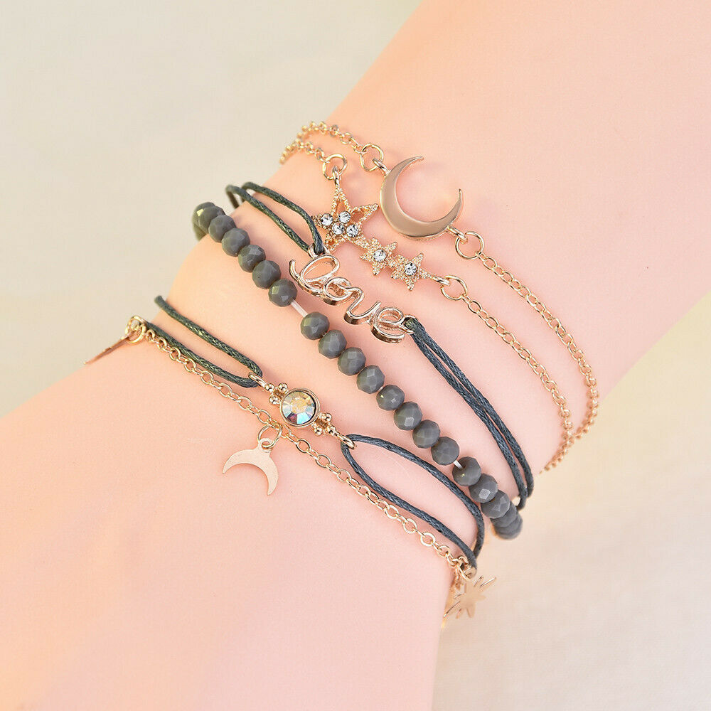 6PC Fashion Women Crystal Moon Star Adjustable Open Bangle Bracelet Jewelry ~