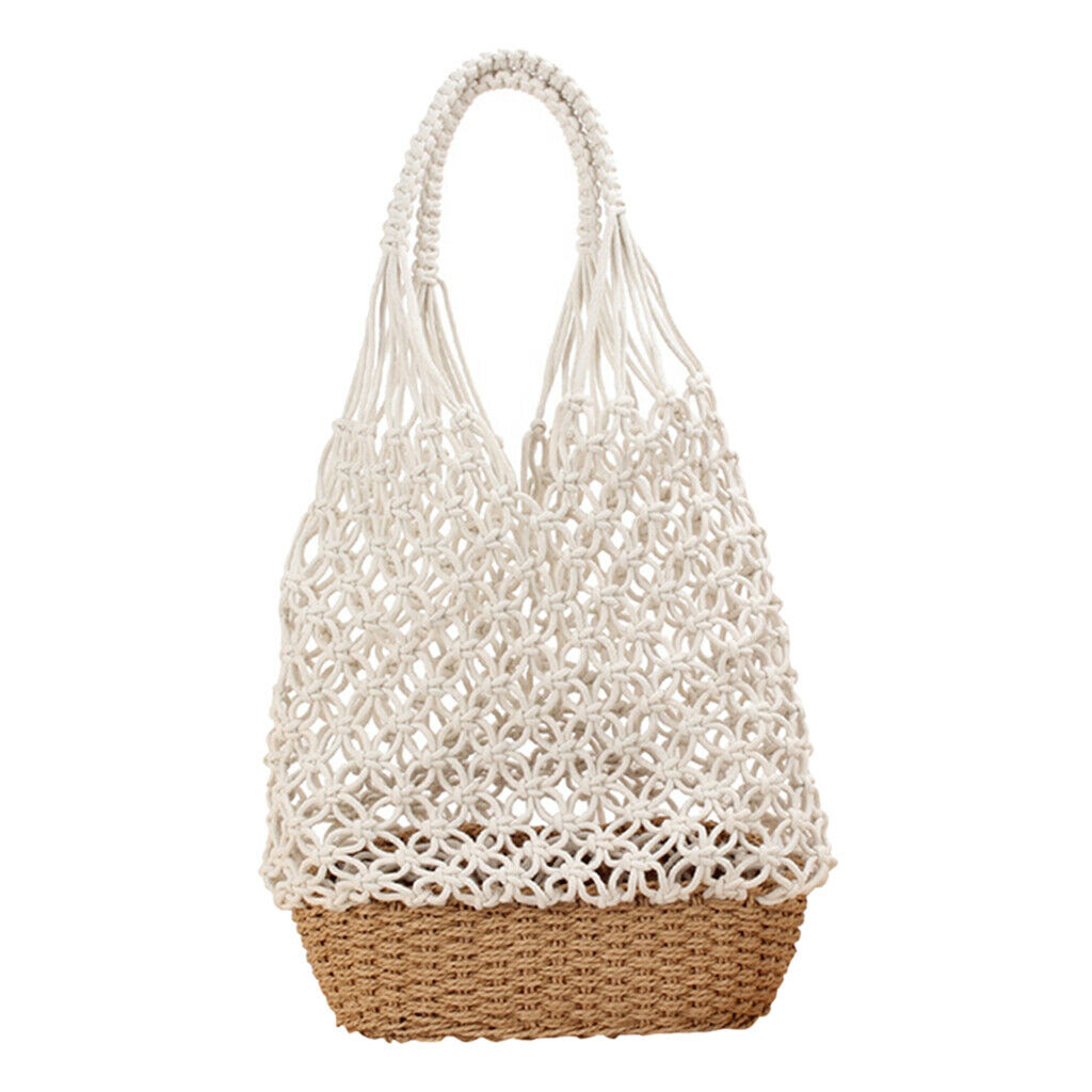 2PCS Womens Straw Shoulder Bag Beach Shopping Bag Woven Bag Purse Pink+White