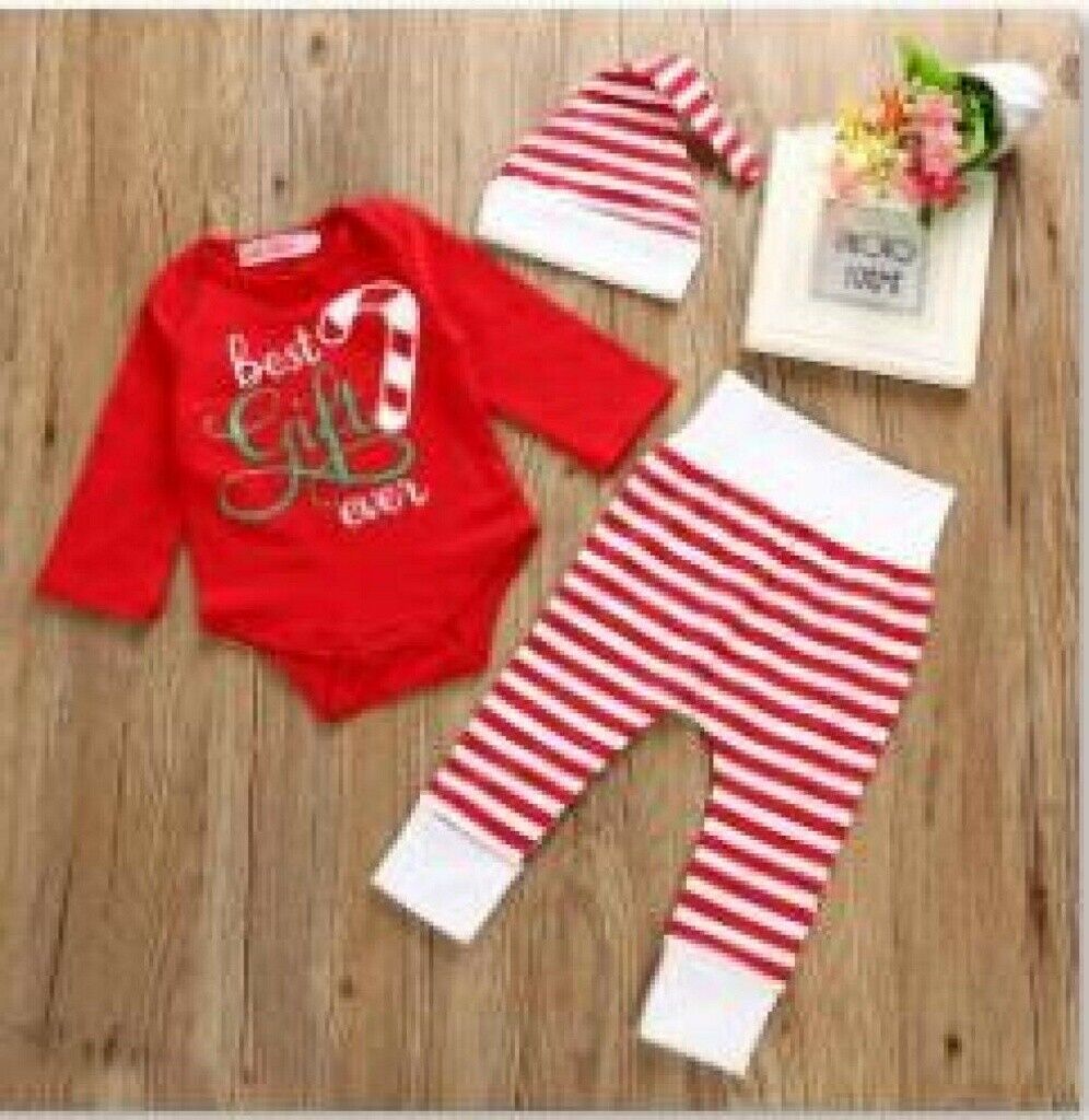 3pcs Infant Toddler Red Christmas Long Sleeve Romper+Pants+Hat Clothes Set Gift