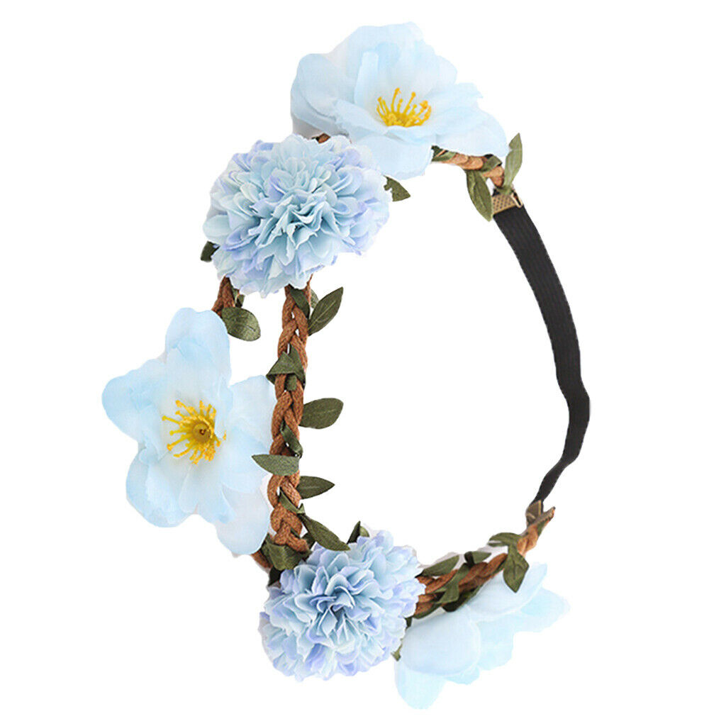 Sweet Baby Blue Flower Leaf Garland Hairband Bridal Wreath Elastic Headband