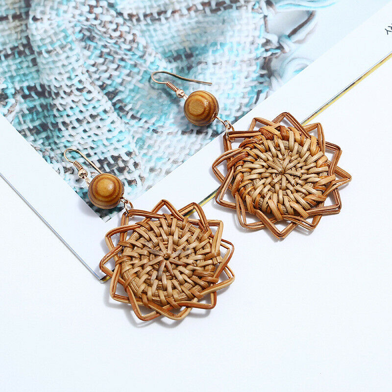 Handmade Wood Bamboo Rattan Geometric Pendant Ear Stud Earrings Women Jew.l8