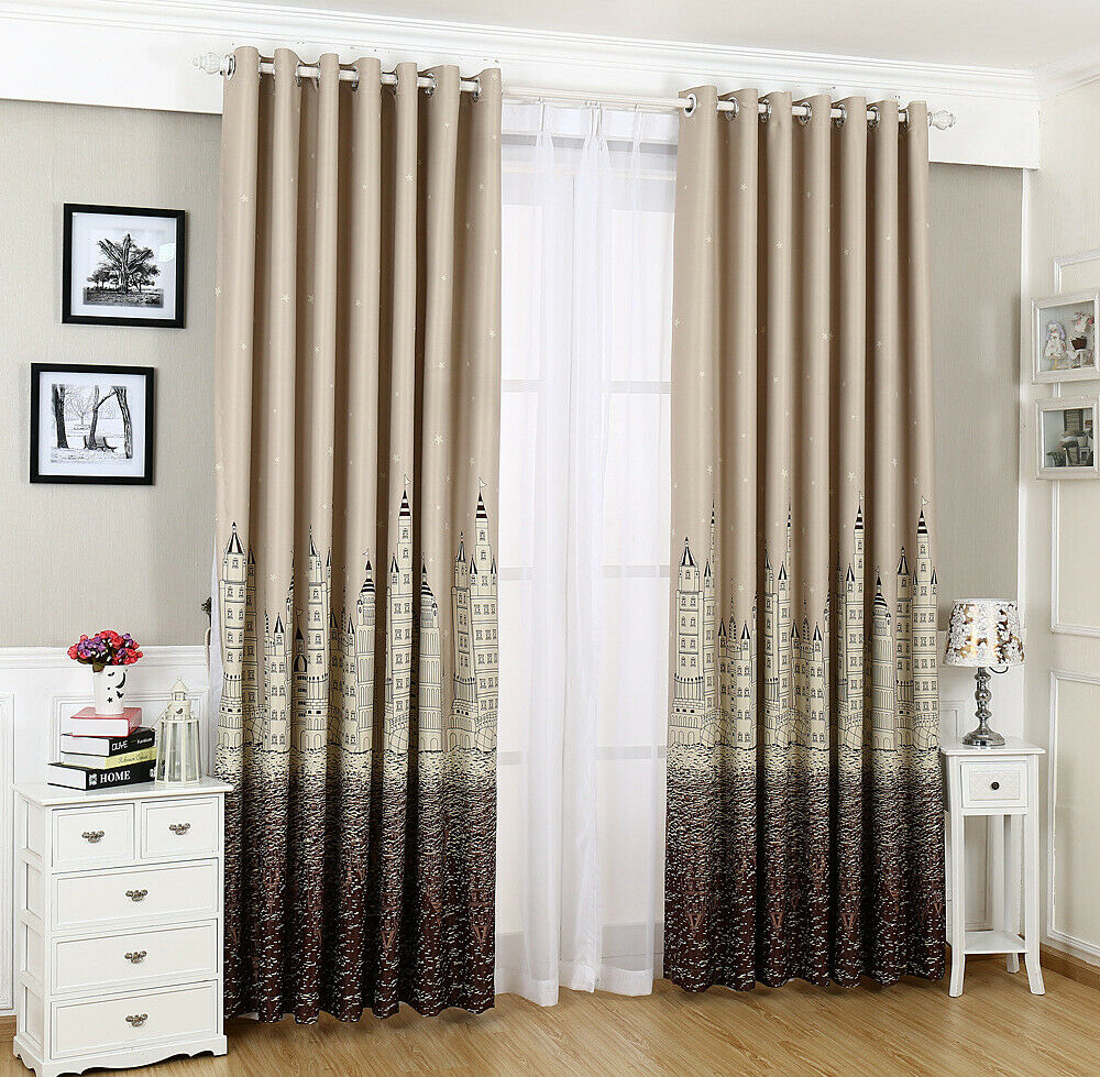 2x Castle Window Panel Curtain Set Sheer Curtain+Blackout Curtain Set Coffee