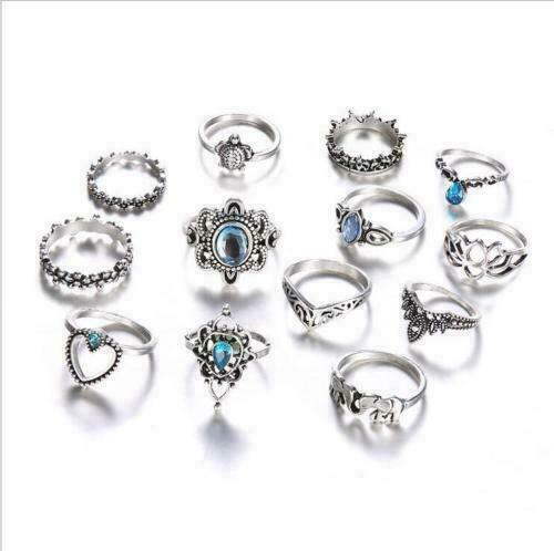 Women 13pcs Blue Crystal Turtle Finger Rings Knuckle Midi Ring Sets Boho Jewelry