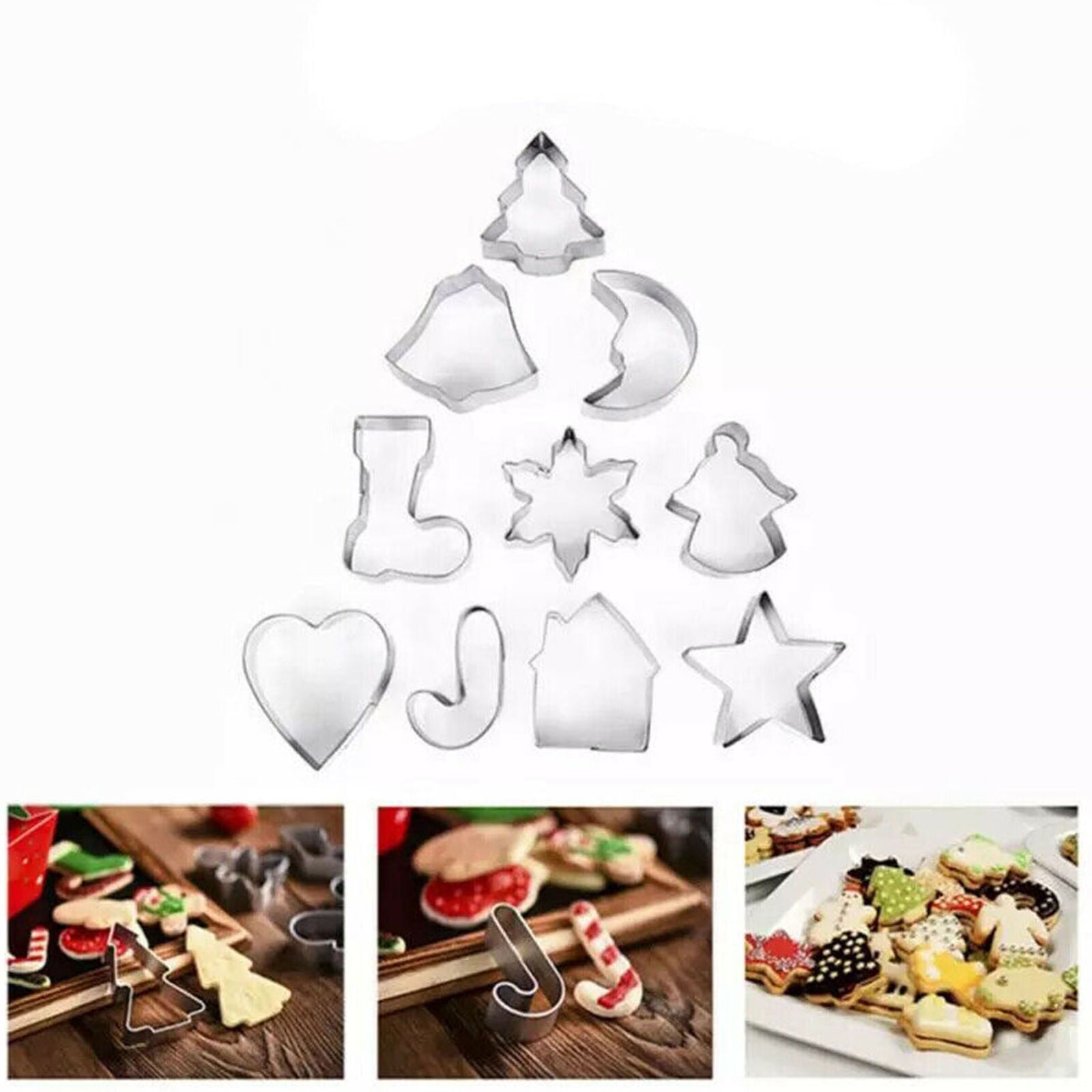 10pcs Christmas Metal Cookie Cutters Set Star Tree Bell Angel Candy Cane Biscuit