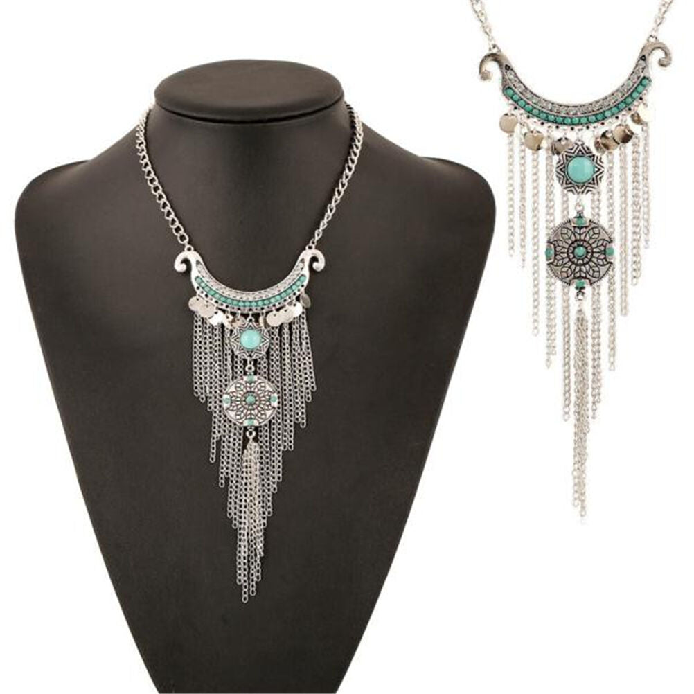 Retro Bohemian Gypsy Style Turquoise Tassel  Chain Choker Pendant Necklace B Tt