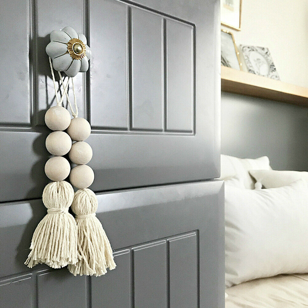 2x Natural Cotton Thread Wooden Bead String Tassel Closet Door Drawer Handle