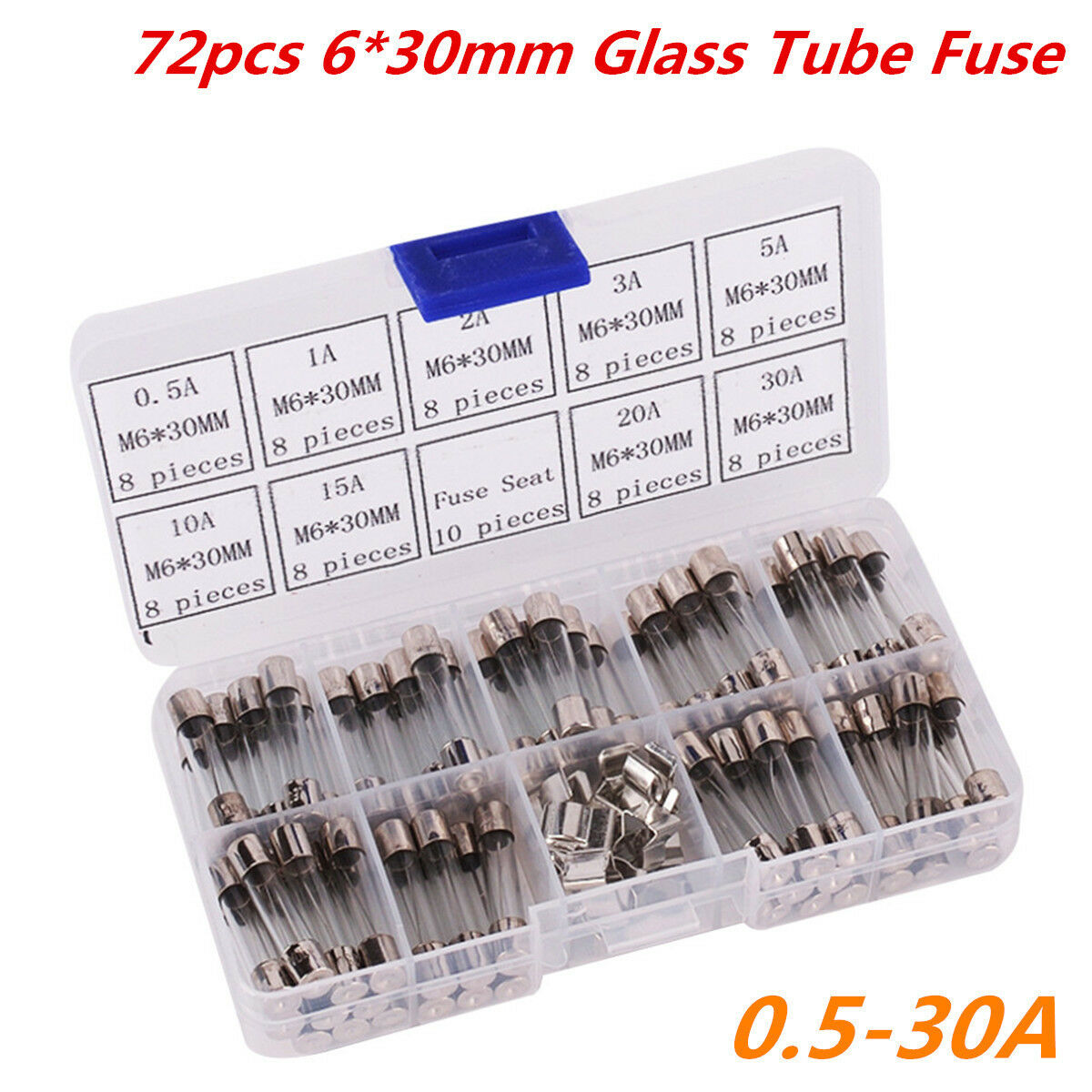 72pc 6*30mm Fast Quick Blow Glass Tube Fuse Car Electrical Assorted Kit 0.5A-30A