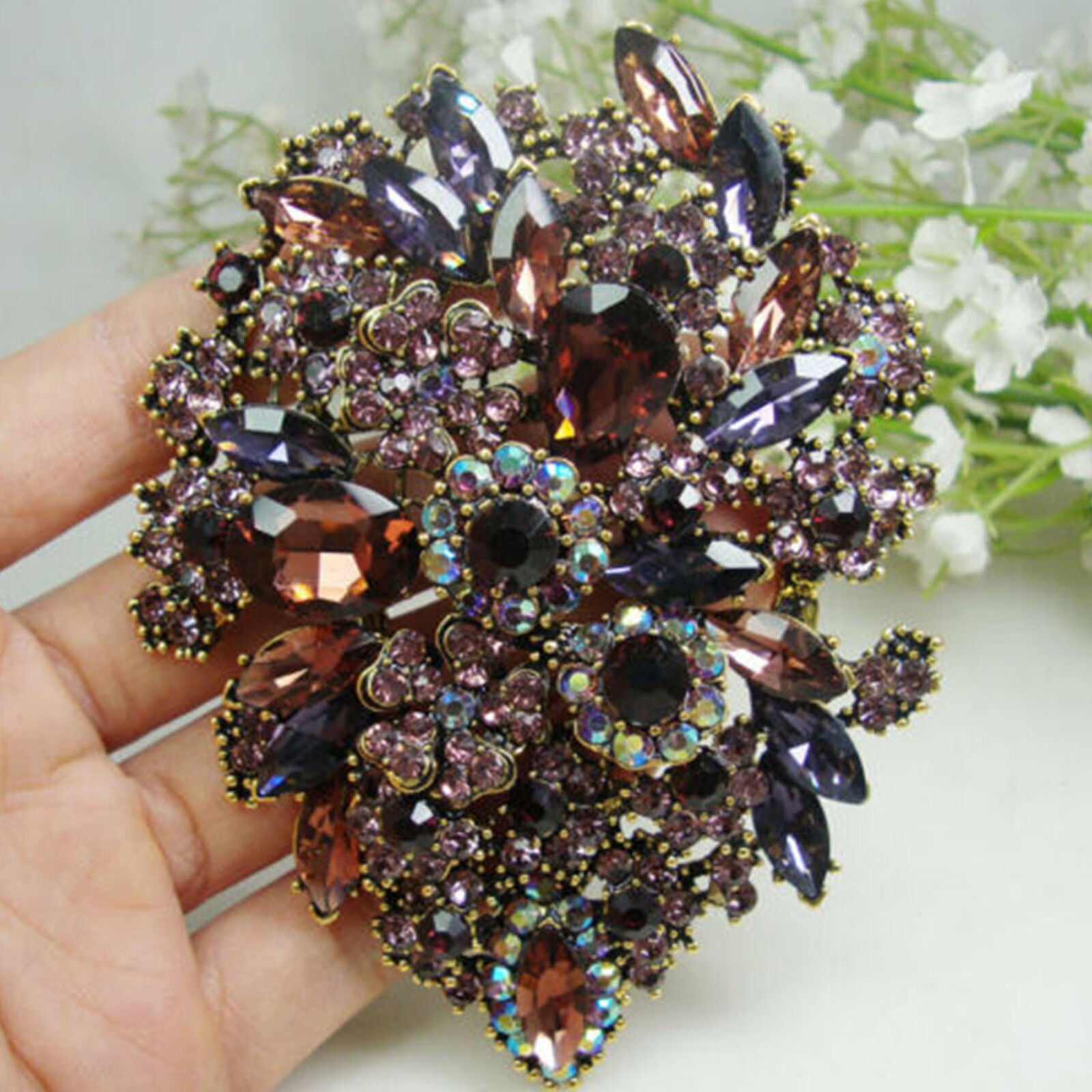 3.94" Purple Dual Droplets Flower Group Rhinestone Crystal Brooch pin Pendant