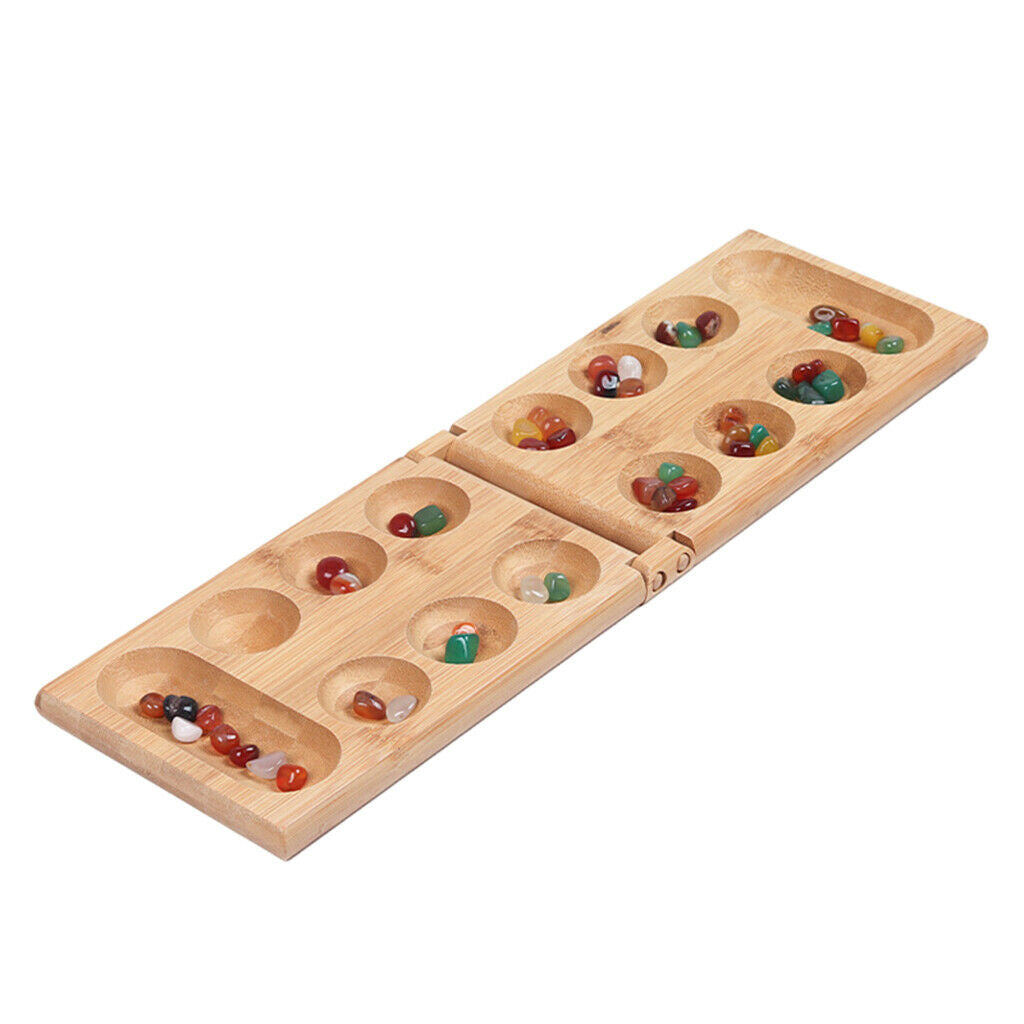Portable Foldable Wooden Mancala Board Game with 48 Colourful Stones for Kids