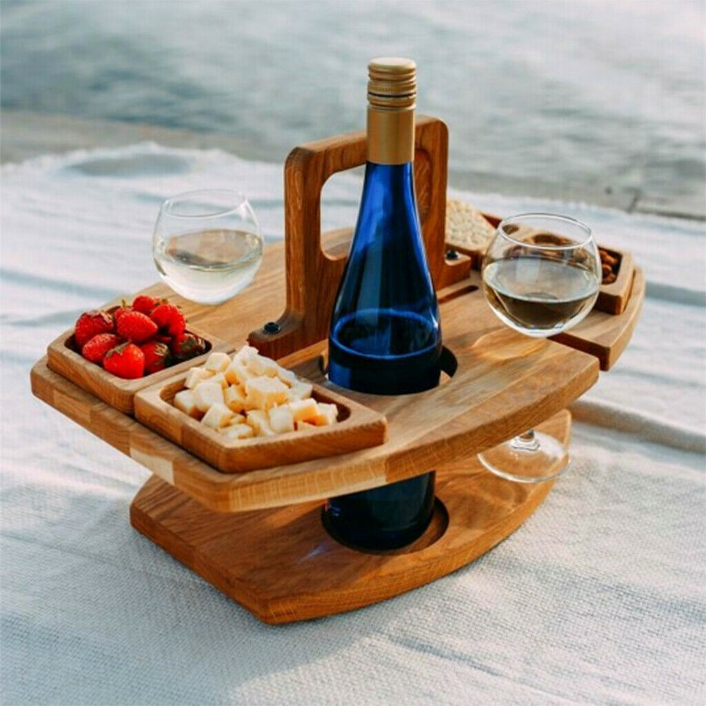 Portable Wood Picnic Desk Detachable Table Wine Glass Rack Camping Plate