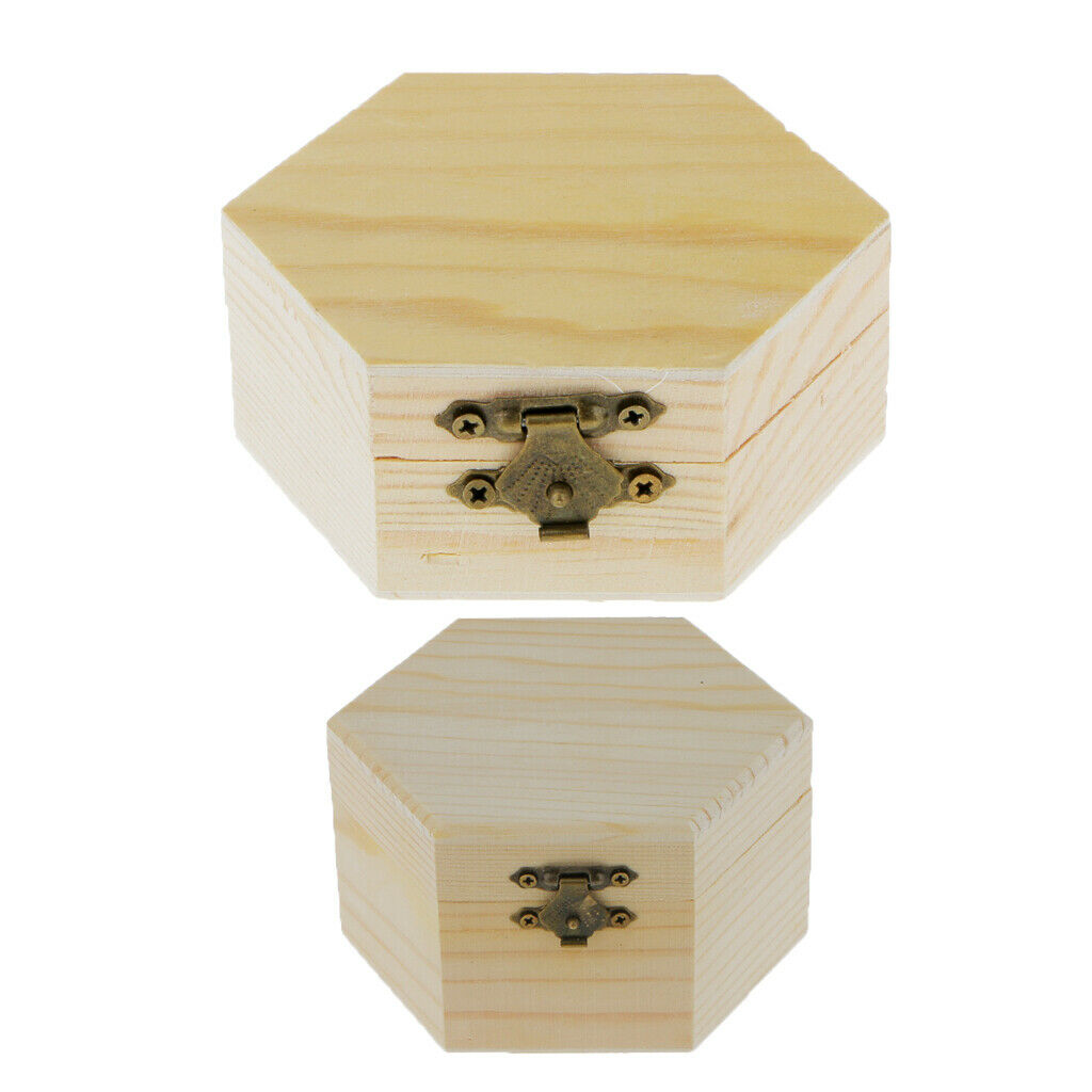 2pcs Mixed Size Unpainted Hexagonal Wooden Jewelry Box Memory Chest Boxes