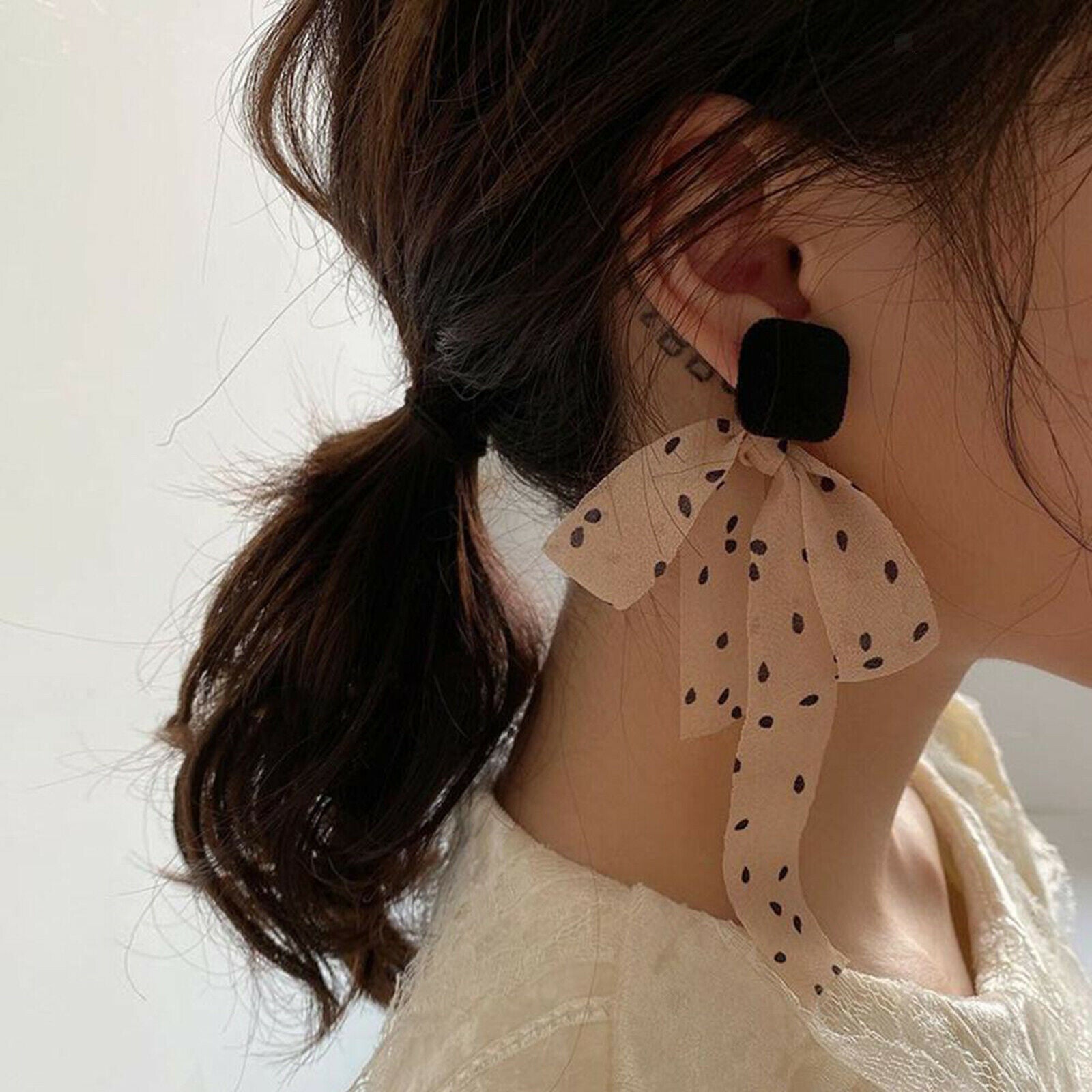 1PC Fashion French Ribbon Polka Dot Earrings Pendant for Women Girls Wedding