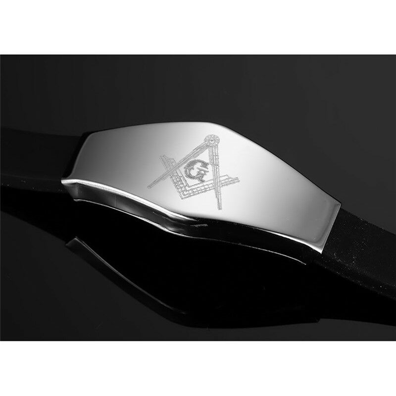 Stainless Steel Black Silicone Masonic Charm Bangle Bracelet Wristband For.l8
