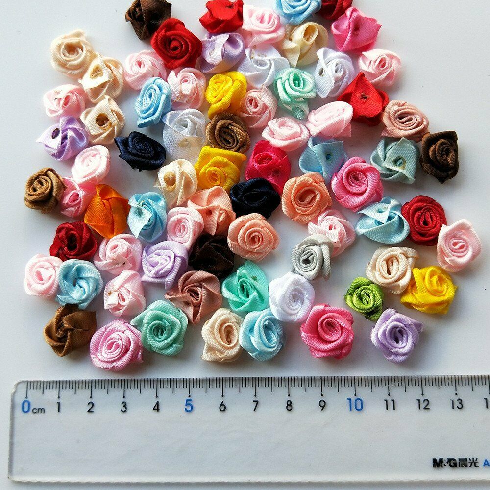 Mix 200P 12mm Small Satin Flower Ribbon Mini Rose Appliques Craft DIY Supplies
