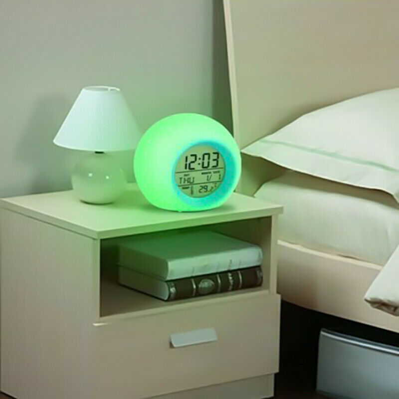 Digital LED Round Snooze Alarm Clock 7 Colors Changing Light Kids Bedroom Decor
