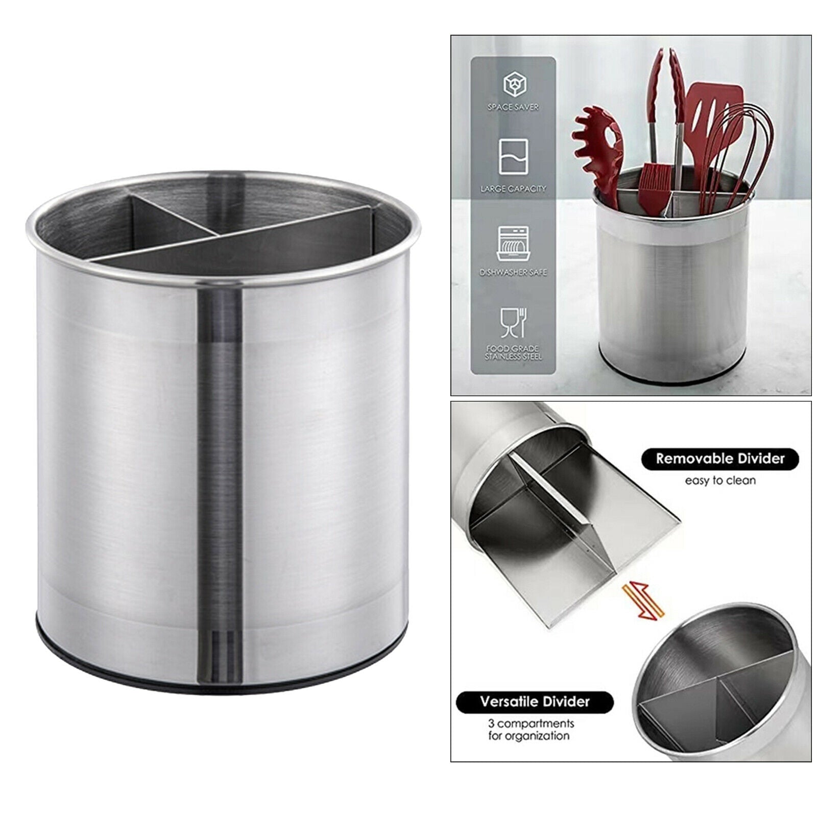 Stainless Steel Rotating Tableware Storage Bucket with Removable Divider
