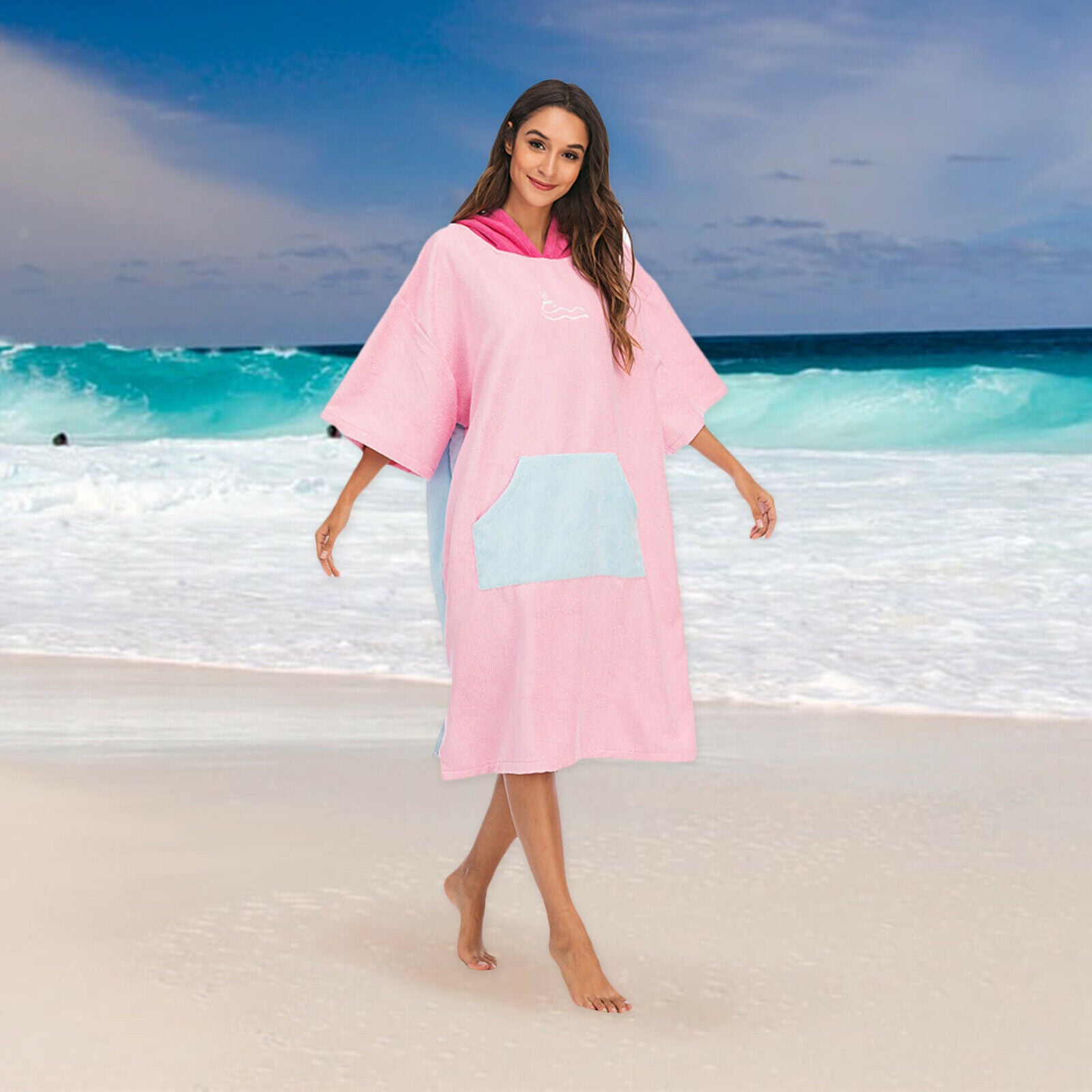 Surf Poncho Change Robe Hooded Thick Wetsuit Towel for Sports Men Women Pink