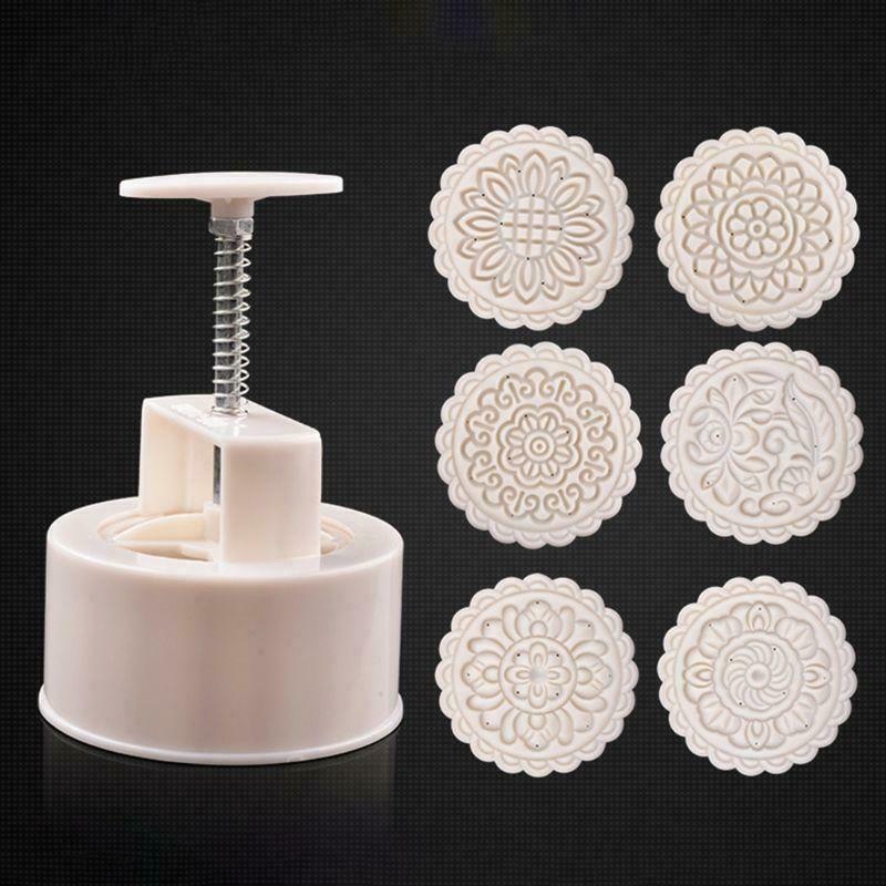DIY 250g Mooncake Mold with 6pcs Round Flower Stamps Hand Press Moon Cake Pastry