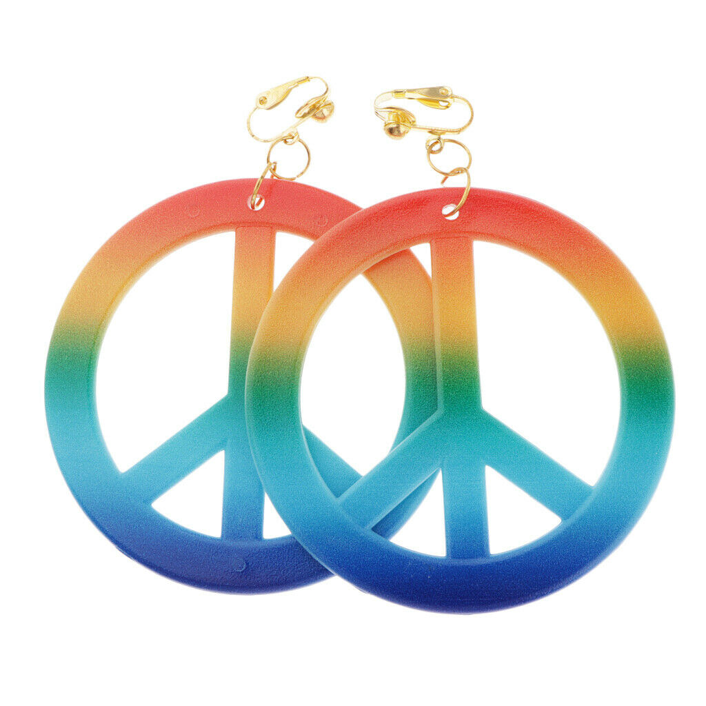 Retro Hipple Style Rainbow Peace Sign Earrings Large Ear Rings 1960's Women