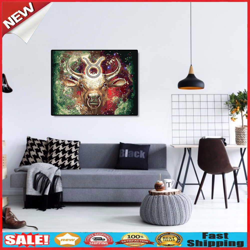 Oil Painting By Numbers Kit DIY Cow Head Canvas Hand Painted Art Wall Decor @