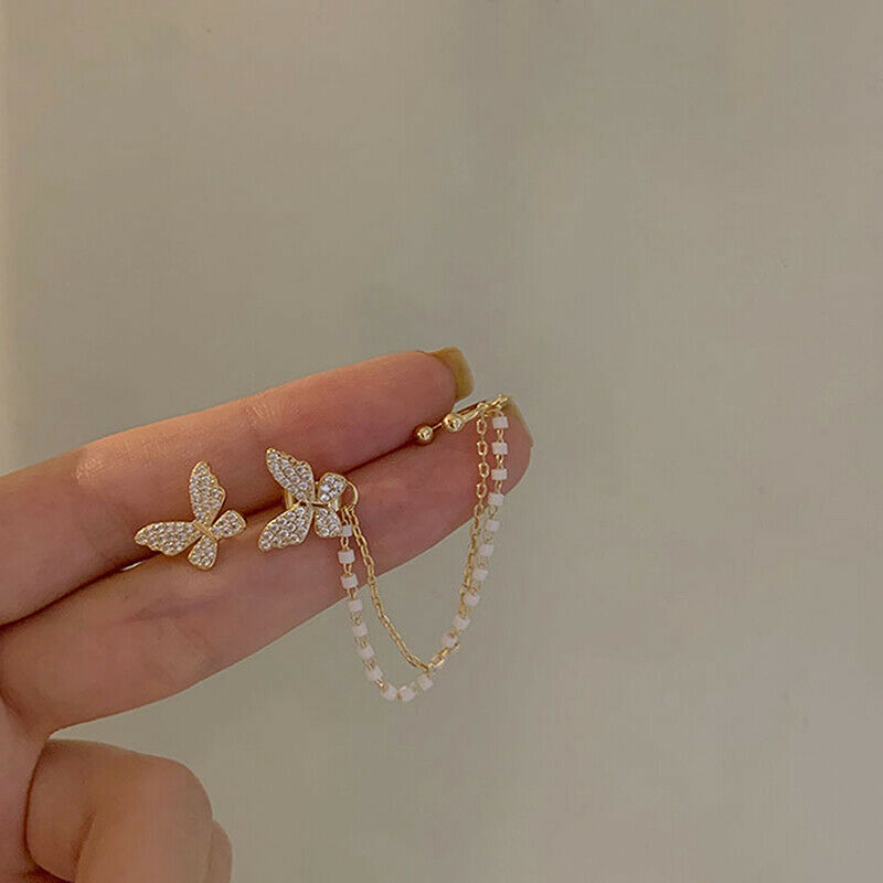 Elegant Cute Rhinestone Butterfly Stud Earrings Metal Chain Boucle Jewel.l8