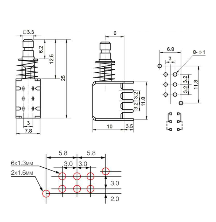 5pcs A03 straight key switch PS-22F02 6-pin self-locking switch Piano key switch