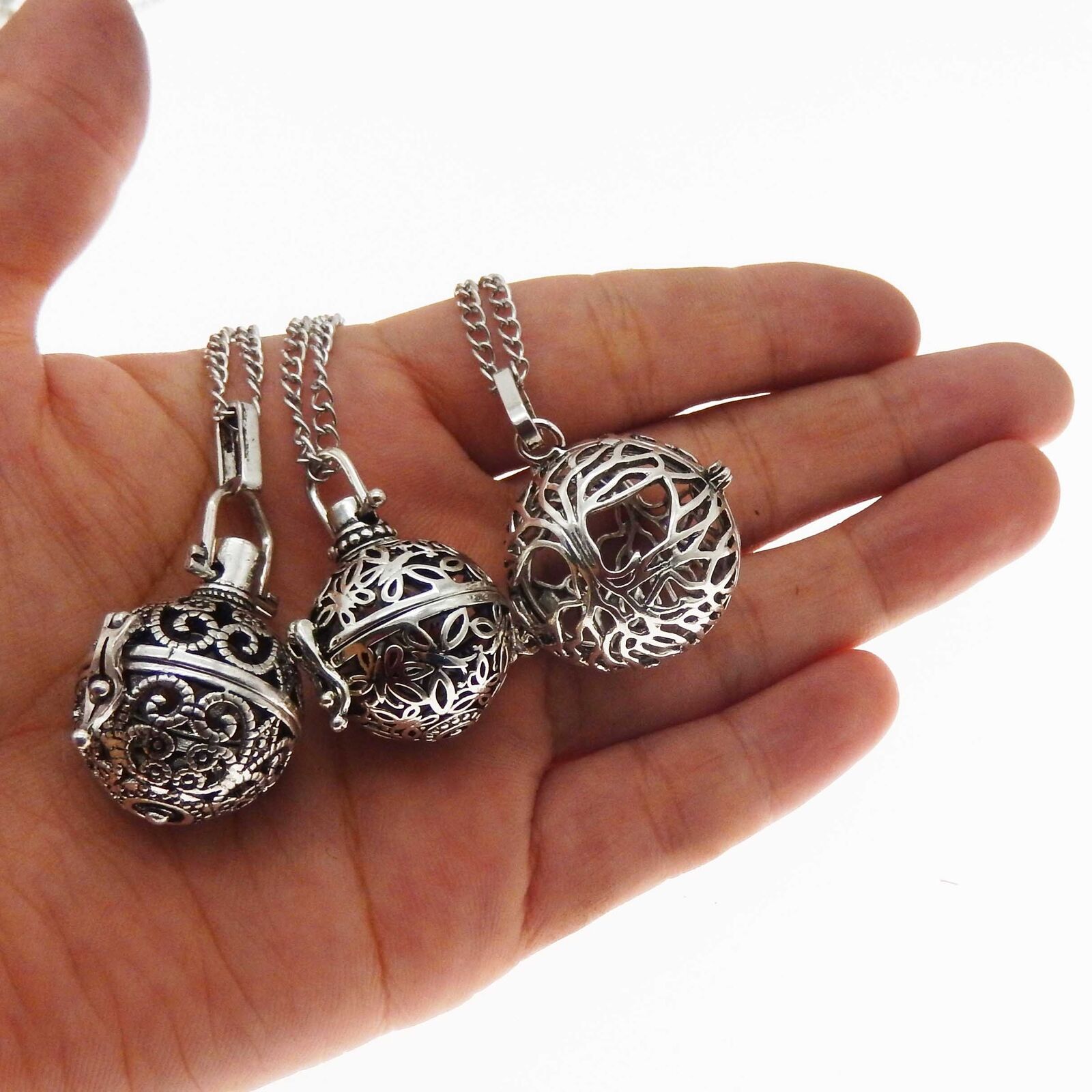 3pcs Retro Style Brass Hollow Perfume Diffuser Locket Bola Ball Harmony Necklace